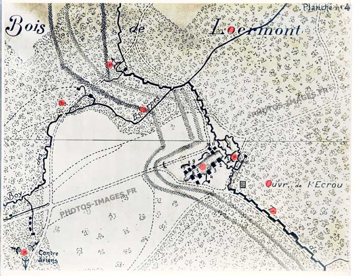 Plan de l'ouvrage de l'Ecrou, du boyau des Escarpes et de la tranché de Loermont sur le Plateau  de Loermont, Oise, guerre 1914-1918