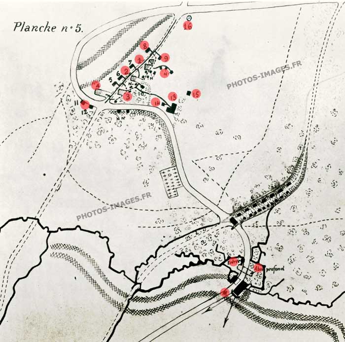 Plan de la tranché d'Enoch, de l'emplacement des abris et des mitrailleuses sur le Plateau  de Loermont, Oise, guerre 1914-1918