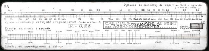 14-18, Instrument pour le calcul  de l'échelle des agrandissements à obtenir en fonction de la focale de l'objectif et de la distance du cliché à agrandir.