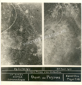 Photo a&eacute;rienne de la destruction par bombardement de l'ouvrage du Peyrou pendant la guerre de 1914-1918
