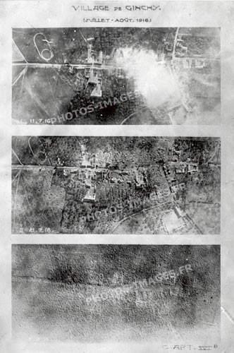Photo aérienne du village de Ginchy labouré par les bombardements entre juillet et août 1916
