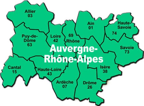carte de la région d'Auvergne-Rhône-Alpes et des départements Ain, Allier, Ardèche, Cantal, Drome, Haute-Loire, Haute-Savoie, Isère, Loire, Puy-de-Dôme, Rhône et Savoie