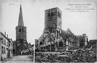 Photo ancienne de l'église de Revigny avant et après les bombardements en 1915