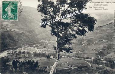 Ancienne photo des deux ponts d'Entraygues sur une carte postale de 1900