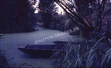Ancienne photo du canal et du port de Maillezais sur une diapo de 1960