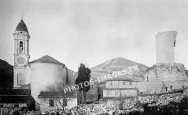Photo ancienne de l'église et la tour Auguste à La-Turbie négatif verre de 1930