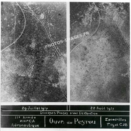 En photo aérienne la destruction par bombardement de l'ouvrage du Peyrou pendant la guerre de 1914-1918 WW1