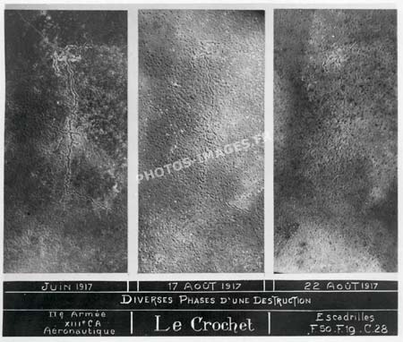 En 3 phases la vue aérienne de la destruction d'une tranchée entre juin et août 1917