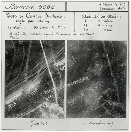 Photos aériennes de la destruction d'une batterie allemande par des tirs de contre batterie pendant la guerre de 1914-1918