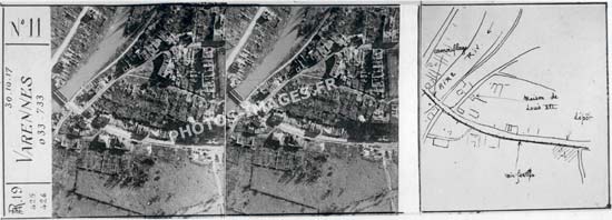 Double photo verticale stéréoscopique en 14-18 ww1 et plan de Varennes en 1917