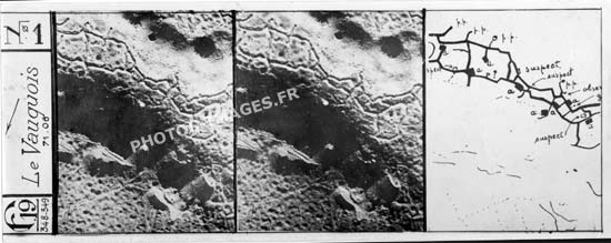 Photo aérienne stéréoscopique et plan
   des tranchées sur la butte de Vauquois en 14-18 ww1