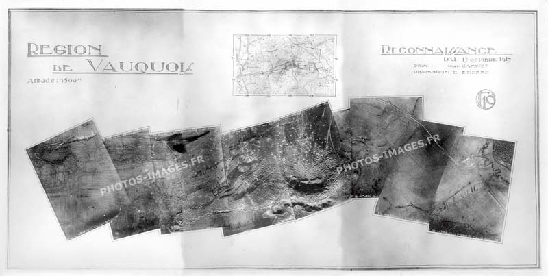 Photo panoramique aérienne de la butte du Vauquois, ses tranchées et cratères de mines en 1917