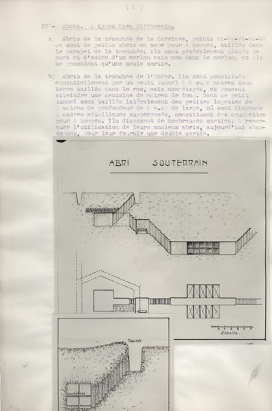 Photo du dossier de l'étude des positions allemandes dans la région du Plateau  de Loermont, guerre 1914-1918, 2 types d'abris sous tunnel
    et en sape