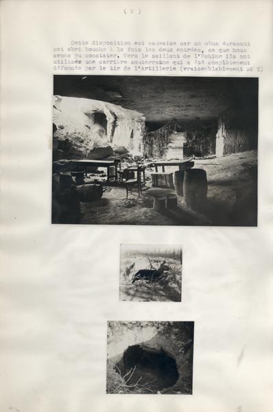 Photo du dossier de l'étude des positions allemandes dans la région du Plateau  de Loermont, guerre 1914-1918, 3 photo d'une carrière
   utilisée comme abris souterrain