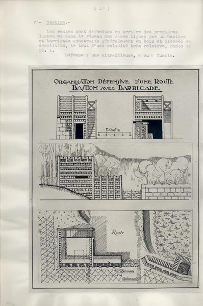 Photo du dossier de l'étude des positions allemandes dans la région du Plateau  de Loermont, guerre 1914-1918, plan d'achitecte en élévation, profile et dessus d'un bastion, d'une barricade et une gabionnade