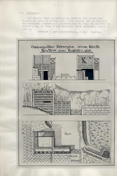 Photo du dossier de l'étude des positions allemandes dans la région du Plateau  de Loermont, guerre 1914-1918, plan d'achitecte en élévation,
    profile et dessus d'un bastion, d'une barricade et une gabionnade