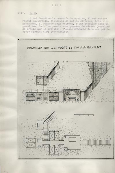 Photo du dossier de l'étude des positions allemandes dans la région du Plateau  de Loermont, guerre 1914-1918, vue en coupe et de dessus
    d'un poste de commandement et ses aménagements intérieurs