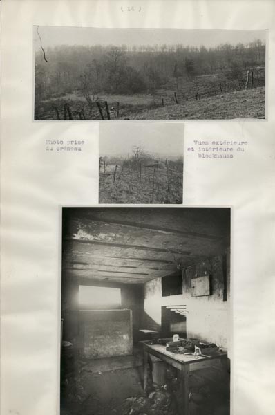 Photo du dossier de l'étude des positions allemandes dans la région du Plateau  de Loermont, guerre 1914-1918 ww1, photos du blockhauss dedans et dehors ainsi que la vue depuis un créneau.