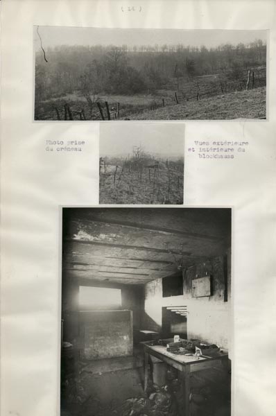 Photo du dossier de l'étude des positions allemandes dans la région du Plateau  de Loermont, guerre 1914-1918 ww1, photos du blockhauss
    dedans et dehors ainsi que la vue depuis un créneau.