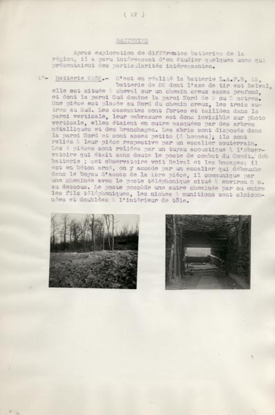 Photo du dossier de l'étude des positions allemandes dans la région du Plateau de Loermont, guerre 1914-1918, description et photos d'une batterie comme exemple.