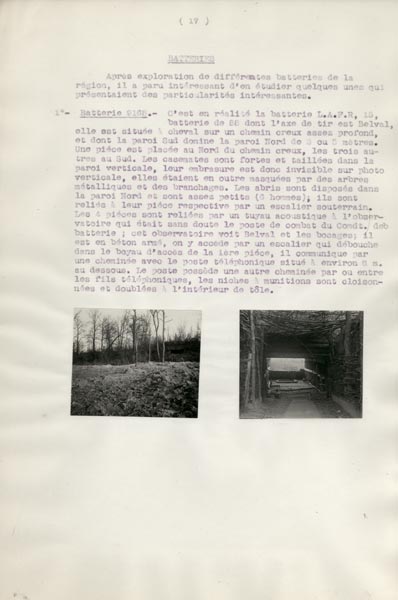 Photo du dossier de l'étude des positions allemandes dans la région du Plateau de Loermont, guerre 1914-1918, description et photos
    d'une batterie comme exemple.