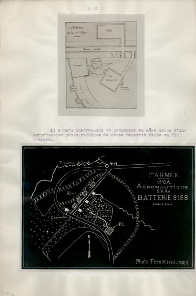 Photo du dossier de l'étude des positions allemandes dans la région du Plateau  de Loermont, guerre 1914-1918, plan et interprétation
    photographique d'une batterie comme exemple.