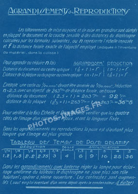 Fiche technique de 1914-1918 sur l'agrandissement et la reproduction des cartes en fonction  de l'objectif.