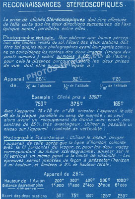 Fiche technique de 1914-1918 sur les missions photographiques de reconnaissance et comment faire des clichés stéréoscopiques en photo verticale et panoramique